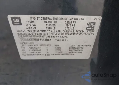 2015 Chevrolet Equinox 1Lt из США, поврежденный, VIN 2GNALBEK0F1157047